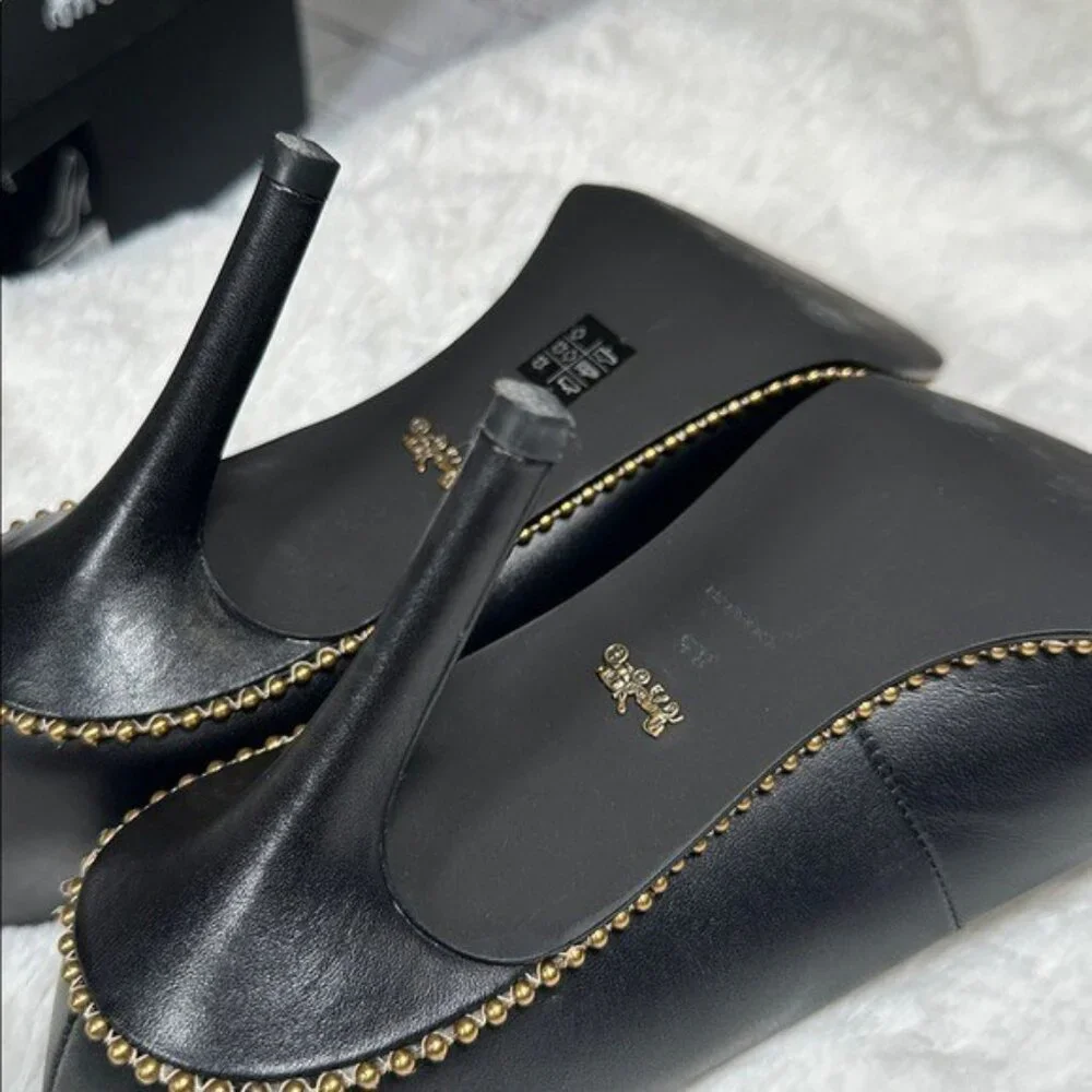 Coach Waverly Beadchain Leather Heels Black Gold Shoes - Picture 11 of 16